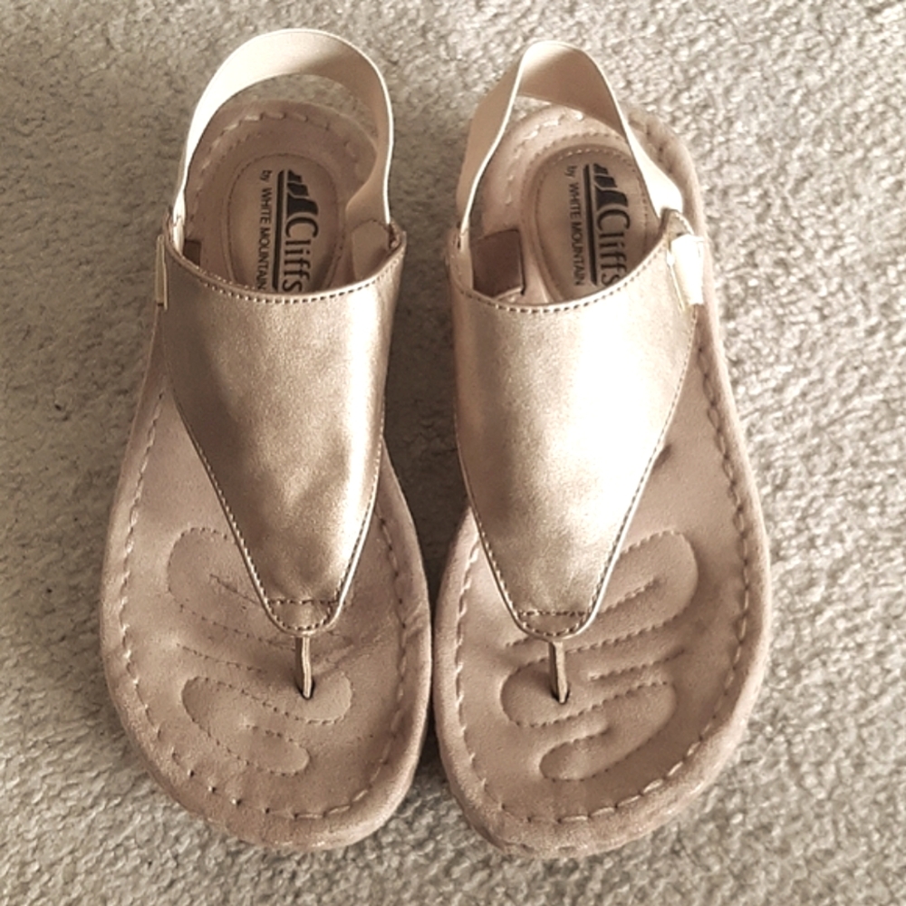 Resortwear - Gold Thong Sandals with Cushion Sole & Rubber Wedge